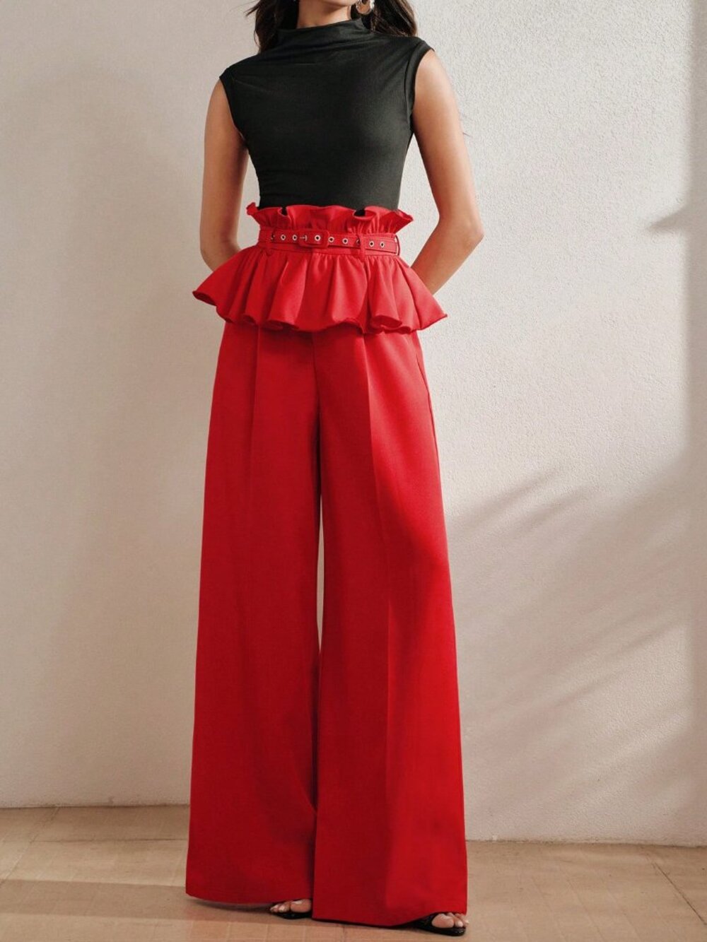 Red elegant Women's High-Waisted Wide Leg Pants - Picture 6 of 7